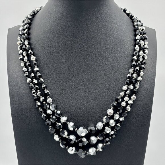Unbranded Jewelry - Vintage Necklace Black AB Crystals 3 Strands Adjustable from 18" to 20" Unsigned
